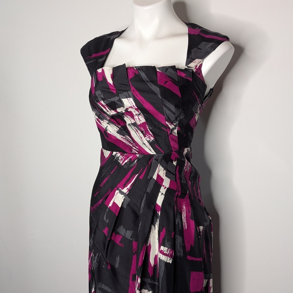 LK Bennett Black White Purple Square Fan Neck Short Sleeve Dress 2 - Picture 2 of 7